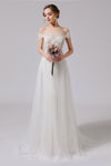 A-line Short Sleeves Sleeves Off the Shoulder Applique Wedding Dress with a Brush/Sweep Train