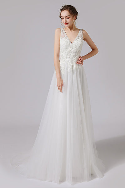 A-line V-neck Applique Button Closure Sleeveless Wedding Dress with a Brush/Sweep Train