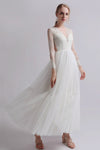 A-line V-neck Ankle Length Long Sleeves Button Closure Wedding Dress
