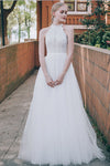 A-line Applique High-Neck Sleeveless Wedding Dress with a Brush/Sweep Train