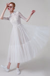 A-line Tea Length Button Closure Jeweled Elbow Length Sleeves Wedding Dress With Pearls