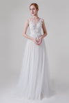 A-line V-neck Sleeveless Open-Back Beaded Wedding Dress with a Brush/Sweep Train
