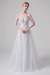 A-line Flower(s) Short Sleeves Sleeves Off the Shoulder Wedding Dress with a Brush/Sweep Train