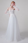 A-line Strapless Sleeveless Applique Open-Back Wedding Dress with a Brush/Sweep Train