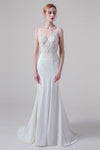 V-neck Lace Sleeveless Open-Back Applique Mermaid Wedding Dress with a Brush/Sweep Train