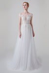 A-line Button Closure Applique Cap Sleeves Wedding Dress with a Brush/Sweep Train