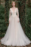 A-line V-neck Long Sleeves Open-Back Applique Wedding Dress with a Brush/Sweep Train