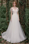 A-line Sweetheart Applique Short Sleeves Sleeves Wedding Dress with a Brush/Sweep Train