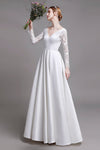 A-line V-neck Floor Length Satin Long Sleeves Wedding Dress