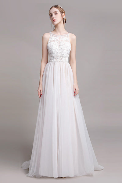 A-line Beaded Jeweled Lace Sleeveless Wedding Dress with a Brush/Sweep Train