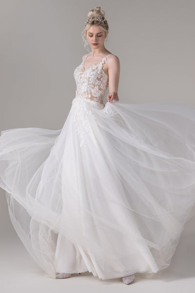 A-line V-neck V Back Applique Beaded Spaghetti Strap Wedding Dress with a Court Train