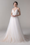 A-line V-neck Spaghetti Strap Open-Back Applique Wedding Dress with a Court Train