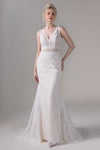 Sexy V-neck Sleeveless Lace Applique Mermaid Wedding Dress with a Court Train
