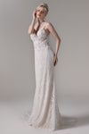 V-neck Spaghetti Strap Lace Applique Vintage Beaded Wedding Dress with a Court Train