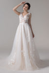 V-neck Applique Beaded Lace Wedding Dress with a Court Train