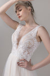 A-line V-neck Tulle Sleeveless Applique Button Closure Dress with a Court Train