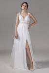 A-line V-neck Sleeveless Spaghetti Strap Applique Beaded Wedding Dress