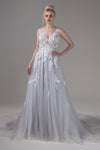 A-line V-neck V Back Pocketed Sleeveless Tulle Wedding Dress