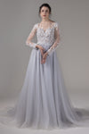 Long Sleeves Bateau Neck Pocketed Applique Vintage Wedding Dress with a Chapel Train