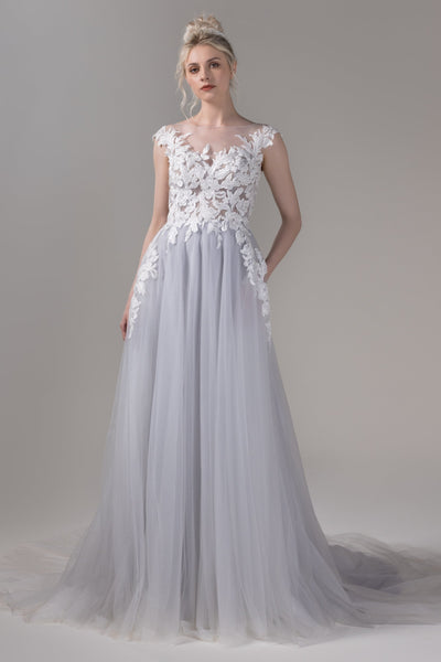 A-line Bateau Neck Beaded Pocketed Applique Sleeveless Wedding Dress