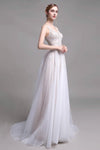 A-line V-neck Beaded Sleeveless Lace Wedding Dress with a Brush/Sweep Train