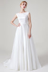 A-line Bateau Neck Sleeveless Satin Beaded Wedding Dress with a Brush/Sweep Train