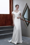A-line V-neck Cap Sleeves Satin Wedding Dress with a Brush/Sweep Train