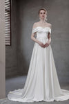 A-line Satin Off the Shoulder Sleeveless Wedding Dress with a Brush/Sweep Train