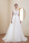 A-line Sleeveless Applique Illusion Beaded Wedding Dress with a Brush/Sweep Train