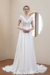 A-line V-neck Beaded Cap Sleeves Wedding Dress with a Brush/Sweep Train