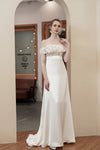 A-line Off the Shoulder Sleeveless Satin Beaded Wedding Dress with a Brush/Sweep Train