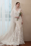 V-neck Sleeveless Lace Applique Mermaid Wedding Dress with a Brush/Sweep Train