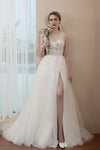 A-line Sleeveless Applique Illusion Wedding Dress with a Brush/Sweep Train