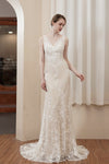 V-neck Applique Beaded Lace Sleeveless Mermaid Wedding Dress with a Brush/Sweep Train