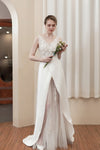 V-neck Sheath Applique Sleeveless Satin Sheath Dress/Wedding Dress with a Brush/Sweep Train