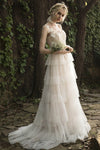 A-line Spaghetti Strap Illusion Tiered Wedding Dress with a Brush/Sweep Train