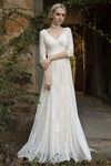 V-neck Lace Sheath Button Closure Sheath Dress/Wedding Dress with a Brush/Sweep Train