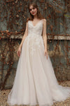 A-line V-neck Tulle Pleated Applique Sleeveless Wedding Dress with a Brush/Sweep Train