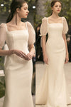Mermaid Square Neck Puff Sleeves Sleeves Wedding Dress with a Brush/Sweep Train