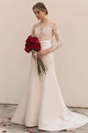 Sophisticated Bateau Neck Applique Mermaid Long Sleeves Satin Wedding Dress with a Brush/Sweep Train