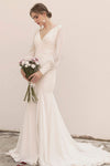 V-neck Satin Mermaid Wedding Dress with a Brush/Sweep Train