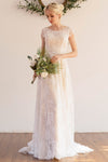 Modest A-line Cap Sleeves Lace Bateau Neck Wedding Dress with a Brush/Sweep Train