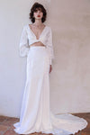 V-neck Satin Puff Sleeves Sleeves Wedding Dress with a Brush/Sweep Train