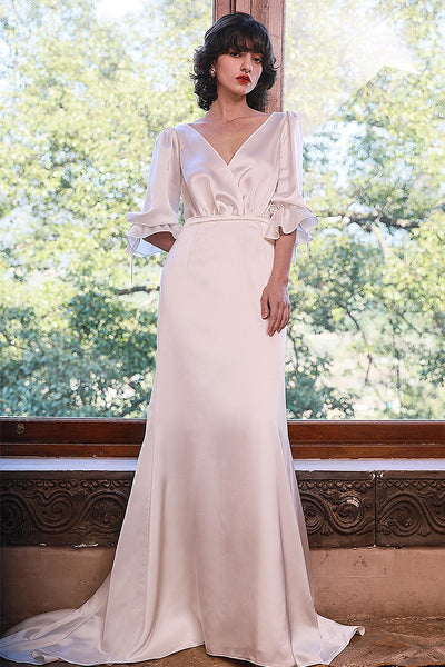 V-neck Satin Puff Sleeves Sleeves Lace-Up Fitted Fit-and-Flare Wedding Dress with a Brush/Sweep Train