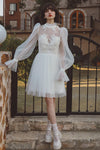 Sophisticated High-Neck Open-Back Applique Beaded Satin Sheath Long Sleeves Above the Knee Sheath Dress/Wedding Dress