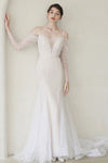 Long Sleeves Off the Shoulder Spaghetti Strap Tulle Mermaid Wedding Dress with a Brush/Sweep Train