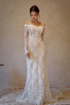 Sophisticated Long Sleeves Off the Shoulder Applique Sheath Sheath Dress/Wedding Dress with a Court Train