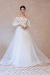 A-line Puff Sleeves Sleeves Off the Shoulder Applique Wedding Dress with a Brush/Sweep Train