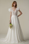 A-line V-neck Short Sleeves Sleeves Beaded Wedding Dress with a Brush/Sweep Train