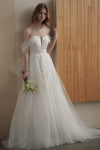 A-line Beaded Short Sleeves Sleeves Off the Shoulder Wedding Dress with a Brush/Sweep Train